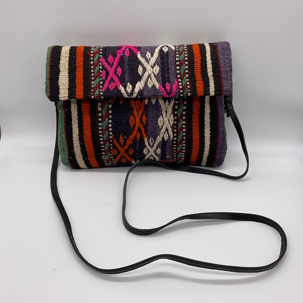 Yun Art Turkish Woven Kilim Rug Wool Tapestry Purse Shoulder Handbag Leather.